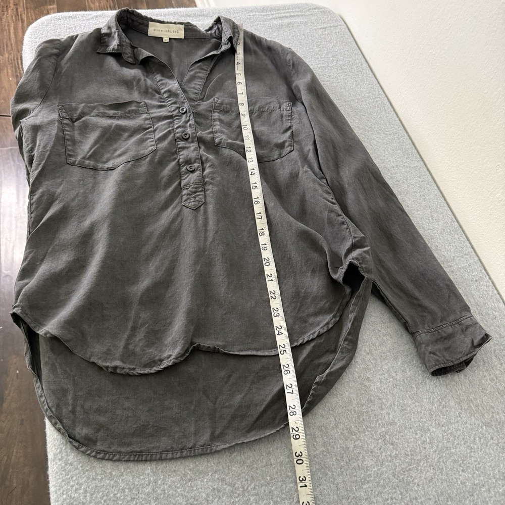 Side Stitch Gray Long Roll Tab Sleeve Tencel Popover Minimalist Womens Small - Picture 11 of 12